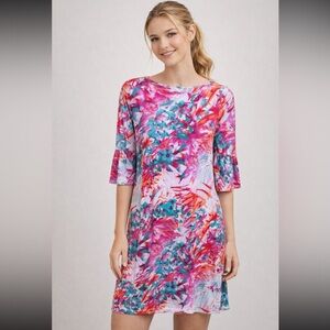 NWT Alexander+Oak Soft Silky Stretch Boat Neck Elbow-Sleeve Sheath Dress Coral